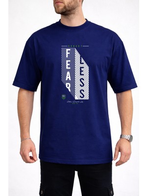 Caddekombin Erkek Fearless Yazı Baskılı Petek Dokulu Bisiklet Yaka Lacivert T-Shirt