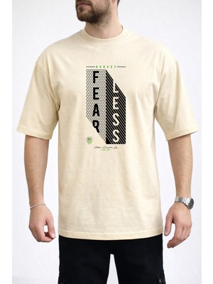 Caddekombin Erkek Fearless Yazı Baskılı Petek Dokulu Bisiklet Yaka Bej T-Shirt
