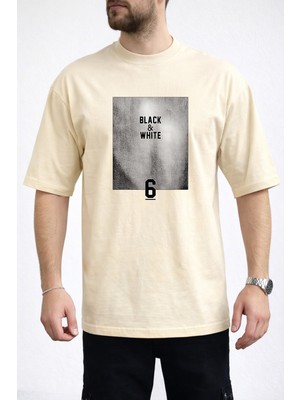 Caddekombin Erkek Black & Whıte Yazı Baskılı Bisiklet Yaka Bej T-Shirt