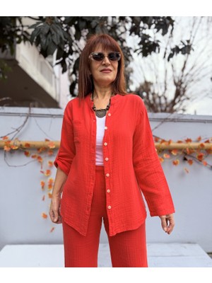 Denizege Butik Müslin Hakim Yaka Gömlek Nar Çiçeği