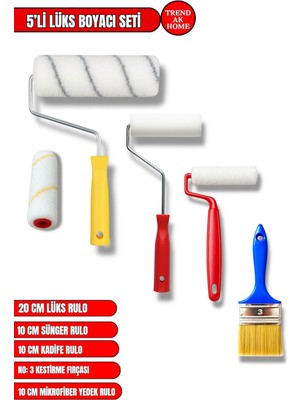 Trend Ak Home 5’li Lüks Boyacı Seti | 20 cm Rulo + 10 cm Sünger Rulo +10 cm Kadife Rulo +Yedek Mikrofiber Rulo + No:3 Kestirme Fırça