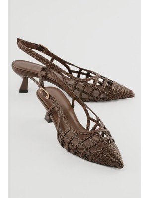 Mubiano Kadın Stiletto Sivri Burun El Örgü Arkası Açık Topuklu Ayakkabı Calista Kahverengi