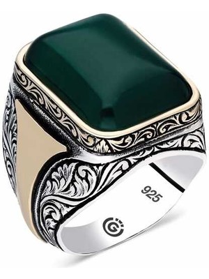 Fumeyabi Gümüş Desenli Yeşil Akik Taşlı Kare Erkek Yüzük