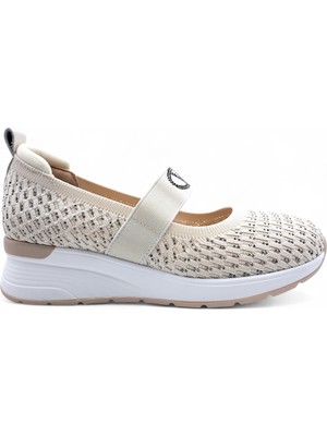 Guja G26Y305 Lastik Bantlı Taşlı Triko Tekstil Bej Renk Marry Jane Şık Spor Babet