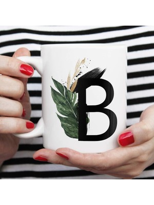Hype Store B Harfi Baskılı Çiçek Desenli Dekoratif Baş Harf Baskılı Kupa Bardak B Harfli Kahve Bardağı