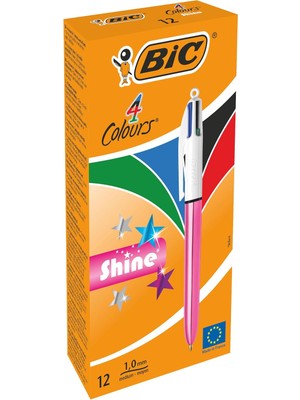 Braventa Collection 4 Colours Shine Pembe Gövde Tükenmez Kalem 12'li , 4 Renk (Mavi, Siyah,yeşil ve Kırmızı), 1.0 Mm. Uç