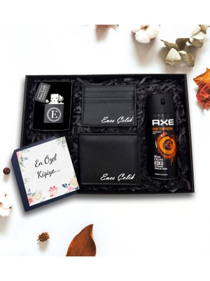 As Gift Kişiye Özel Siyah Cüzdan & Kartlık & Zippo Tarzı Çakmak & Axe Deodorant Hediye Seti