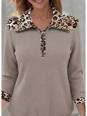 Serac Collection Kadın Uzun Kollu Leopar Yakalı Fermuarlı Waffle Bluz