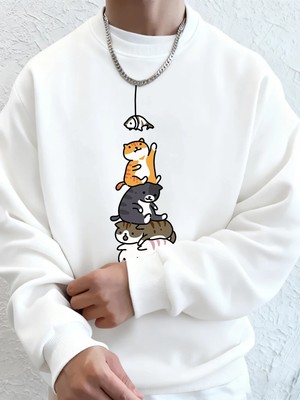 Balık Yakalayan Kediler Baskılı Erkek Kazak Kış Bisiklet Yaka Kapüşonlular Sokak Polar Sıcak