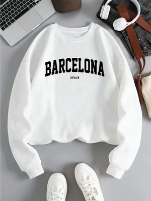 Barcelona España Mektup Baskı Kadın Kazak Polar Rahat Kazak O-Boyun Sonbahar Streetweet Gevşe