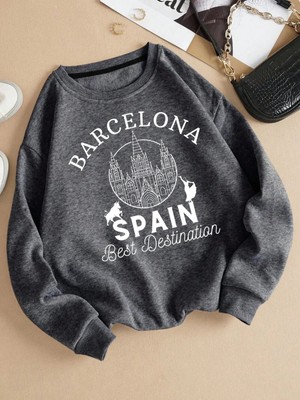 Barselona Ispanya En Iyi Destinasyon Baskı Kadın Kazaklar Gevşek Polar Kazak Yumuşak Kadın Gi