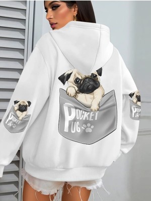 Cep Pug Kapüşonlu Üstleri Kadınlar Karikatür Köpek Baskılı Büyük Beden Cepli Kapüşonlu Üst Kı