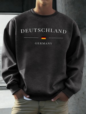 Deutschland Almanya Bayrağı Baskılı Erkek Kazak Sonbahar 0-Boyun Gevşek Açık Tee Moda Giysile