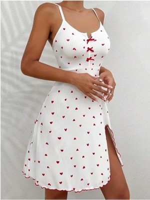 İlkyaz Fashion Ieg™ Kadın Beyaz Kırmızı Kalp Desenli Askılı  Elbise 5066