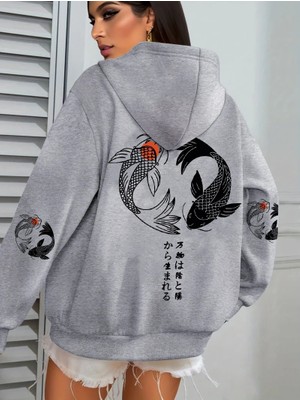 Japon Koi Harajuku Çizim Baskılar Kadın Hoodie Gevşek Y2K Hoody Renkli Sonbahar Hoodies Polar
