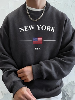 New York Abd Bayrağı Baskılı Erkek Polar Kapüşonlular Spor Günlük Hoody Bisiklet Yaka Cepli S
