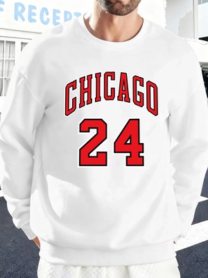 Chicago Number 24 Letter Baskılı Erkek Kazakları Rahat Sokak Modası Polar Sweatshirt Yuvarlak