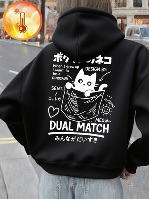 Sevimli Japon Cep Kedi Baskılar Kapüşonlular Kadın Kış Polar Kazak Temelleri Gevşek Kazak Rah