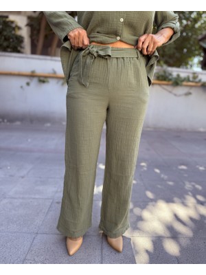 DenizEge Butik Kuşaklı Müslin Pantolon Haki