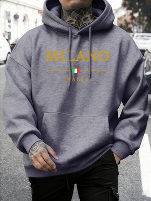 Milano Italia Baskı Sonbahar Modası Kapüşonlu Üst Erkek Temel Giyim Günlük Tişörtler Rahat Po