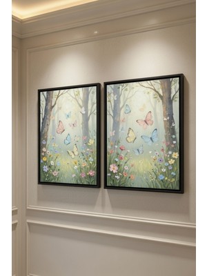 Safir Design Lüks Mavi ve Pembe Kelebekli Orman 2li Tablo Seti| Modern Çerçeveli Tablo