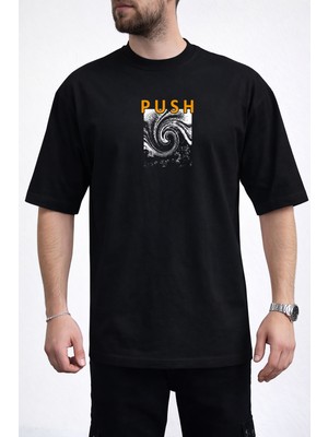 Caddekombin Erkek Vortex Desenli Push Yazı Baskılı Bisiklet Yaka Siyah T-Shirt