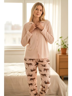 Kadın Pudra Kaplan Desenli Düğmeli Pijama Takımı -2