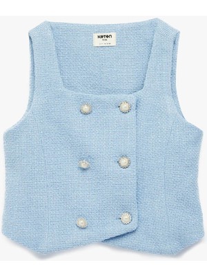 Koton Düğme Detaylı Kare Yaka Mavi Kız Çocuk Yelek 6SKG20013AW