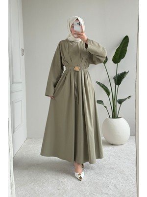 Tesettür Diyarı Bloom Tansel Kumaş Tokalı Ip Bağlamalı Tesettür Elbise- Haki