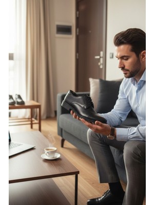 Enoch Siyah Hakiki Deri Modern Derbi Kesim Karma Dokulu Klasik Ayakkabı