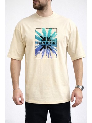 Caddekombin Erkek Turkuaz ve Mavi Palmiye Yaprağı Bisiklet Yaka Bej T-Shirt