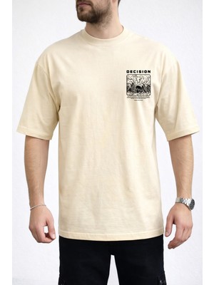 Caddekombin Erkek Decısıon Göğüs Yazı Baskılı Bisiklet Yaka Bej T-Shirt