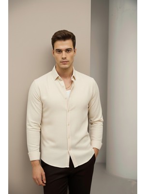 Bürke Keten Dokulu Krem/bej Yarım Oversize Yazlık Erkek Gömlek