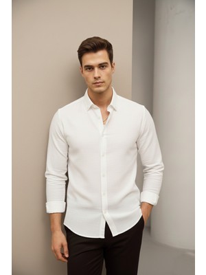 Bürke Keten Dokulu Beyaz Yarım Oversize Yazlık Erkek Gömlek