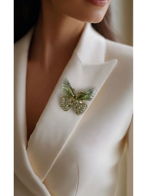 Aylis Yeşil Taşlı Sedefli Kelebek Broş