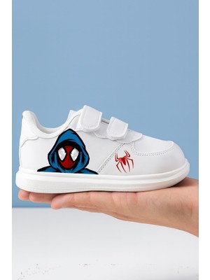 Lias Design Mavi Kapşonlu Kahraman Baskılı Beyaz Bantlı Çocuk Spor Ayakkabı Sneaker