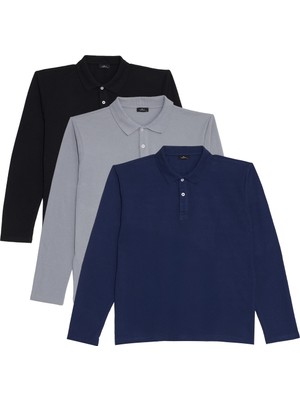 Tudors Erkek 3'lü Pkt Lacivert-Gri-Siyah Standart Fit Normal Kesim Pamuklu Pike Uzun Kollu Polo Yaka Tişört