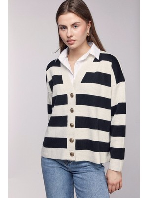 Saade Siyah Çizgili Gömlek Görünümlü Oversize Triko Hırka Std