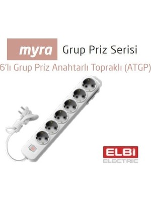 Elbi Myra 6\'lı  Anahtarlı Topraklı Grup Priz 2 mt Kablolu