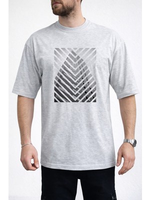 Caddekombin Erkek V-Şekilli Şerit ve Bina Görseli Baskılı Bisiklet Yaka Gri T-Shirt