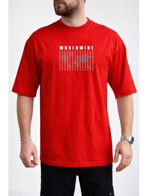 Caddekombin Erkek Dünya Haritası ve Dikey Çizgi Tasarımlı Bisiklet Yaka Kırmızı T-Shirt
