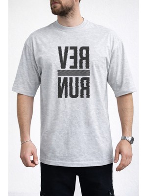 Caddekombin Erkek Run Yazı Baskılı Dalgalı Harf Tasarımlı Bisiklet Yaka Gri T-Shirt