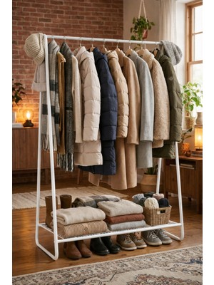 Arvion Home Metal Elbise Askılığı ve Dayanıklı Taşınabilir Raflı Giysi Standı-Kıyafet Organizeri-Beyaz