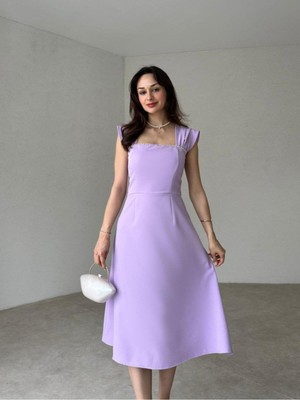 Moda Durağı Sıralı Incili Midi Elbise Lila
