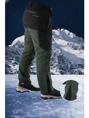 Snowmount Paça Fermuarlı Siyah Haki Outdoor Su İtici Rüzgar Geçirmez İçi Polarlı Kışlık Pantolon