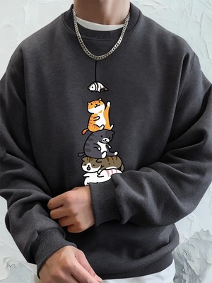 Balık Yakalayan Kediler Baskılı Erkek Kazak Kış Bisiklet Yaka Kapüşonlular Sokak Polar Sıcak