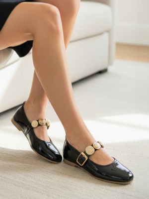 Ellaboni Kadın Mary Jane Parlak Rugan Babet Şık Tuğra Tokalı Ortopedik Taban Günlük Ev Ofis Ayakkabısı Babet