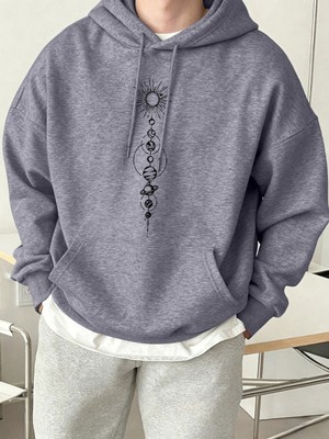 Planet Basitleştirilmiş Diyagram Baskılı Erkek Polar Kapüşonlu Cepli Rahat Sokak Giysisi Soka