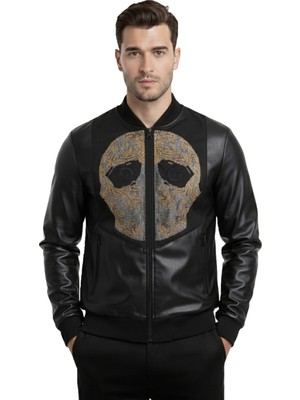 Deepsea Erkek Siyah Dar Kesim Taş Işlemeli Suni Deri Ceket Mont – Kuru Kafa Nakışlı Ceket Mont 2600598