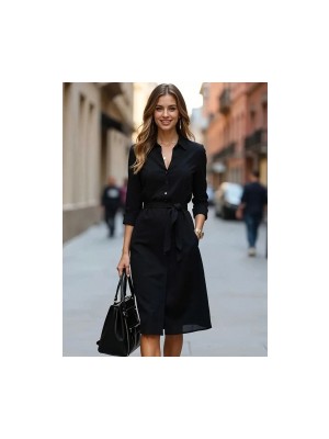 Kadın Uzun Kollu Yakalı Belden Kuşaklı Midi Trikoton Elbise